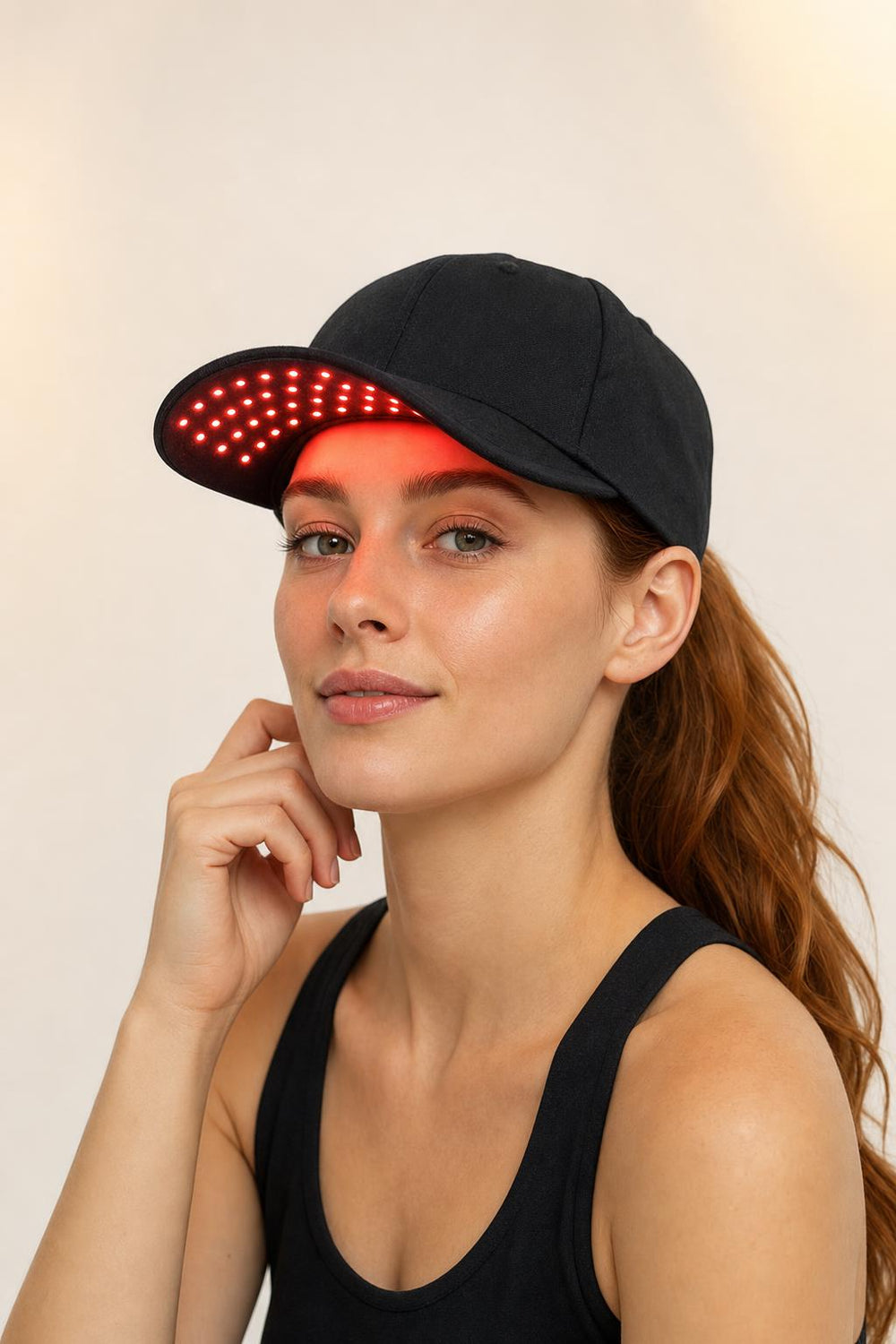 Woman wearing LumiCap with the light panel on